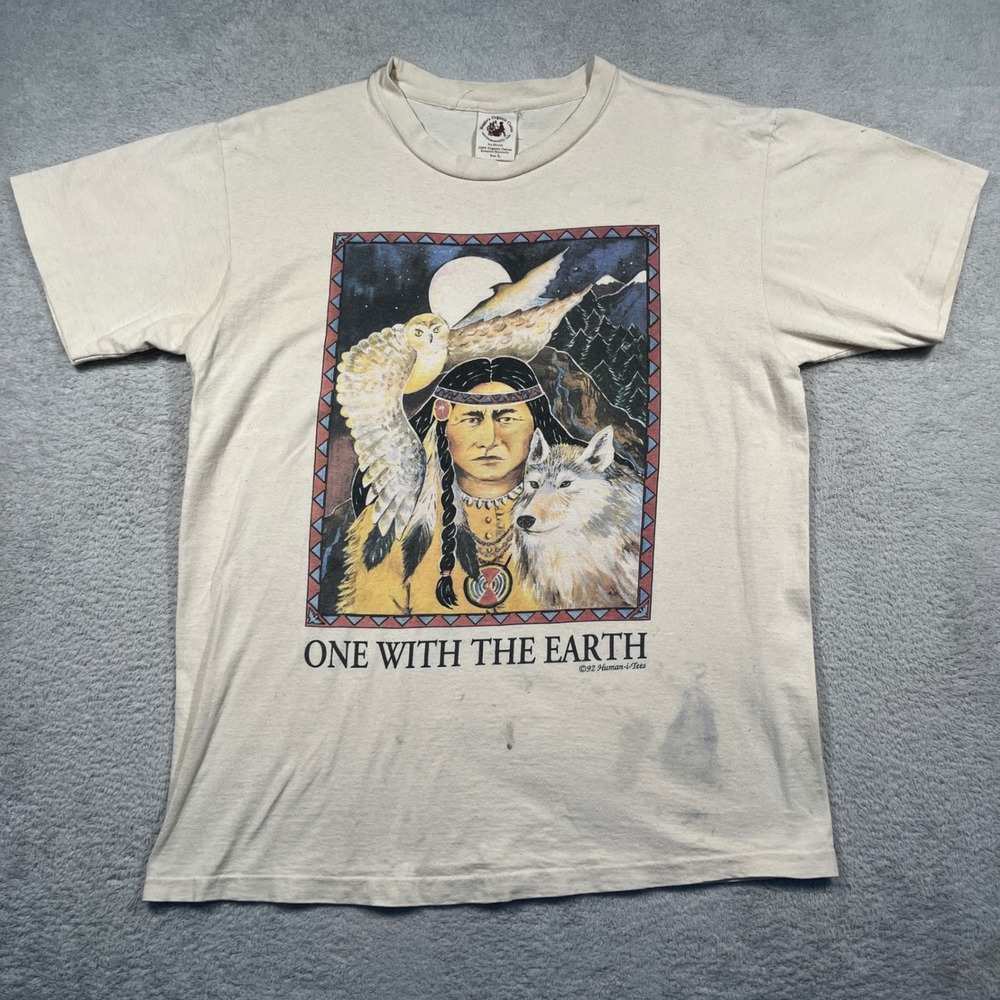 Vintage 90s Maggie's Organic Cotton Tee Native American Owl Wolf L Single Stitch
